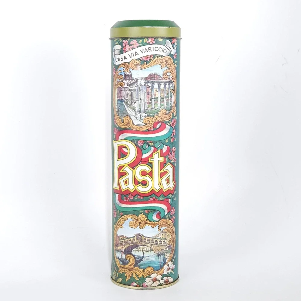 Vtg Pasta Spaghetti Storage Tin Canister Scenic Italy Retro Cottage Decor 11x3